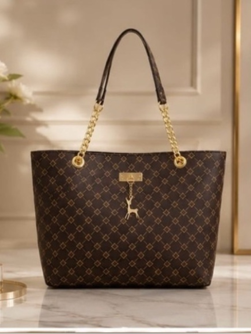 Designer-Style Brown Tote Bag with Gold Chain Handles